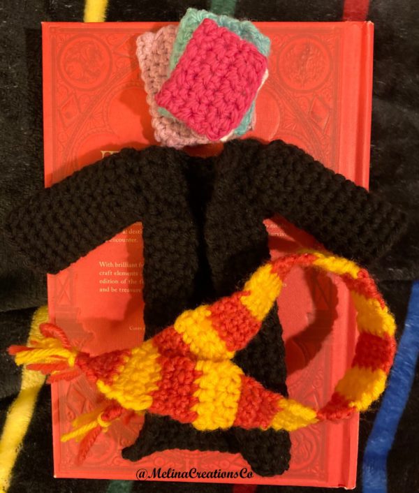 Crochet miniature books, robe, scarf