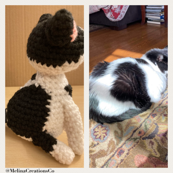 Side-by-side crochet and real cat side