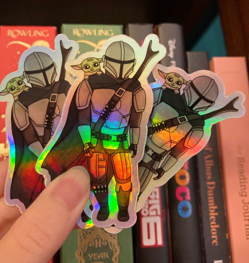 Holographic Mando and Baby Yoda sticker